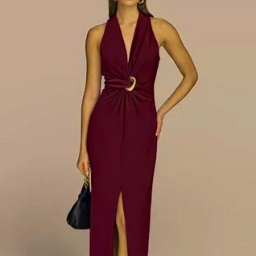 Donna Karan Berry Purple Twisted Sleeveless V-Neck Dress Gown